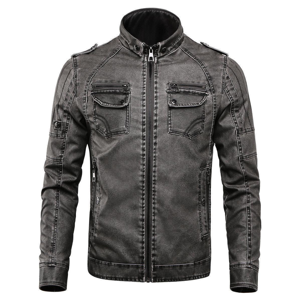 Mens Outdoor Thicken Inside Fleece Multi-Pocket Epaulets Motorcycle PU Leather Jacket