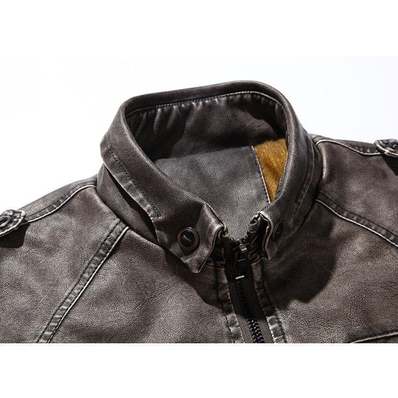 Mens Outdoor Thicken Inside Fleece Multi-Pocket Epaulets Motorcycle PU Leather Jacket