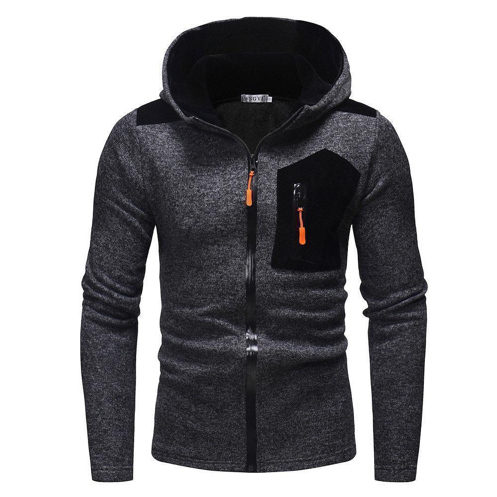 Men's Casual Sport Patchwork Chest Zipper Pocket Hooded Zipper Up Sweatshirt Knit Hoodie