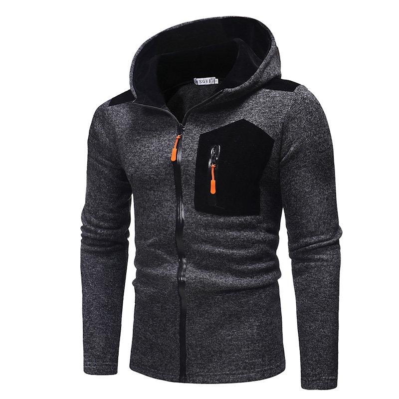 Men's Casual Sport Patchwork Chest Zipper Pocket Hooded Zipper Up Sweatshirt Knit Hoodie