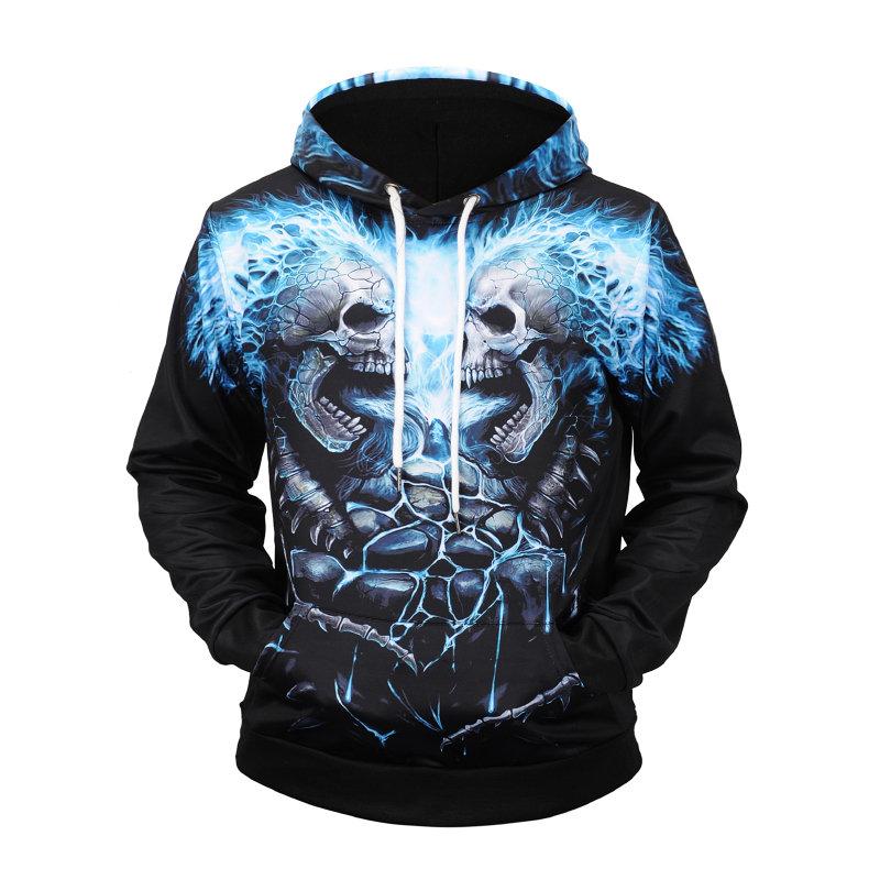 Mens Skull Digital 3D Printing Hoodies Casual Breathable Slim Long Sleeve Sweatshirt