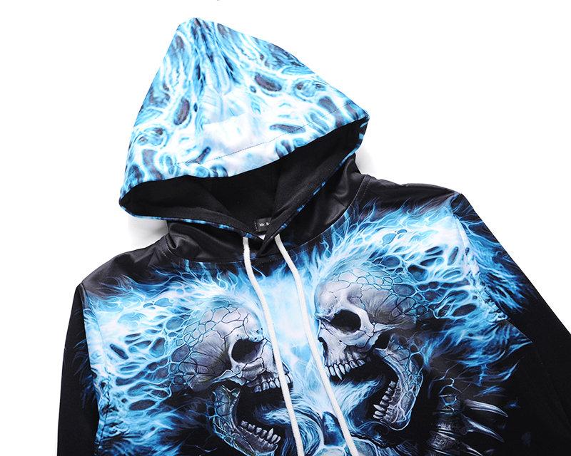 Mens Skull Digital 3D Printing Hoodies Casual Breathable Slim Long Sleeve Sweatshirt