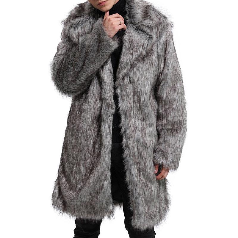 Mens Faux Fur Grey Trench Coat Mid Long Winter Warm Slim Fit Casual Jacket