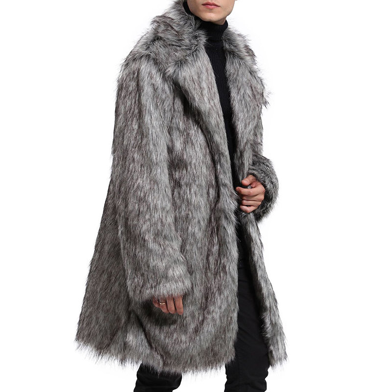 Mens Faux Fur Grey Trench Coat Mid Long Winter Warm Slim Fit Casual Jacket