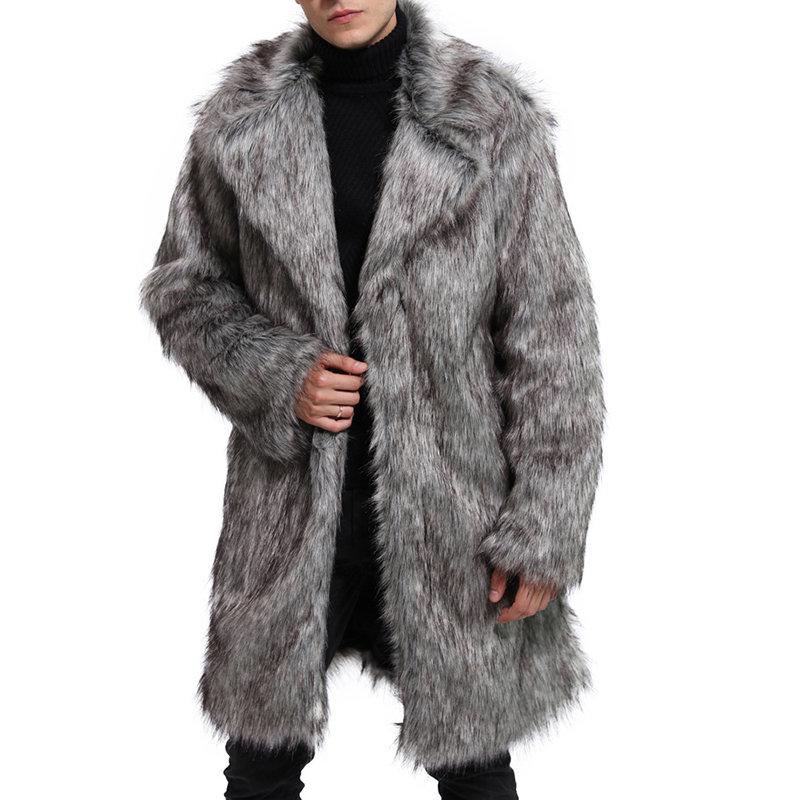 Mens Faux Fur Grey Trench Coat Mid Long Winter Warm Slim Fit Casual Jacket