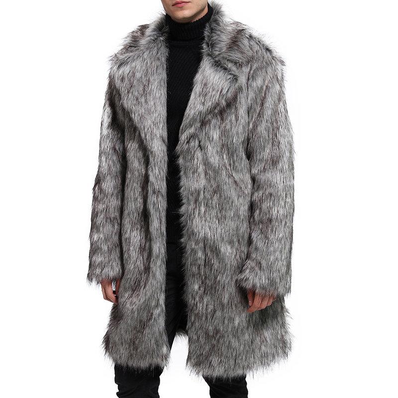 Mens Faux Fur Grey Trench Coat Mid Long Winter Warm Slim Fit Casual Jacket