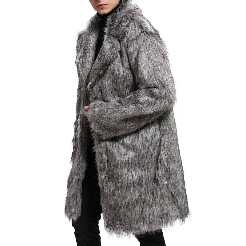 Mens Faux Fur Grey Trench Coat Mid Long Winter Warm Slim Fit Casual Jacket