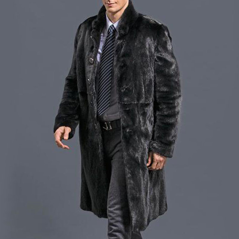 Men Long Trench Marten Velvet Overcoat Black Faux Fur Winter Warm Thicking Coat