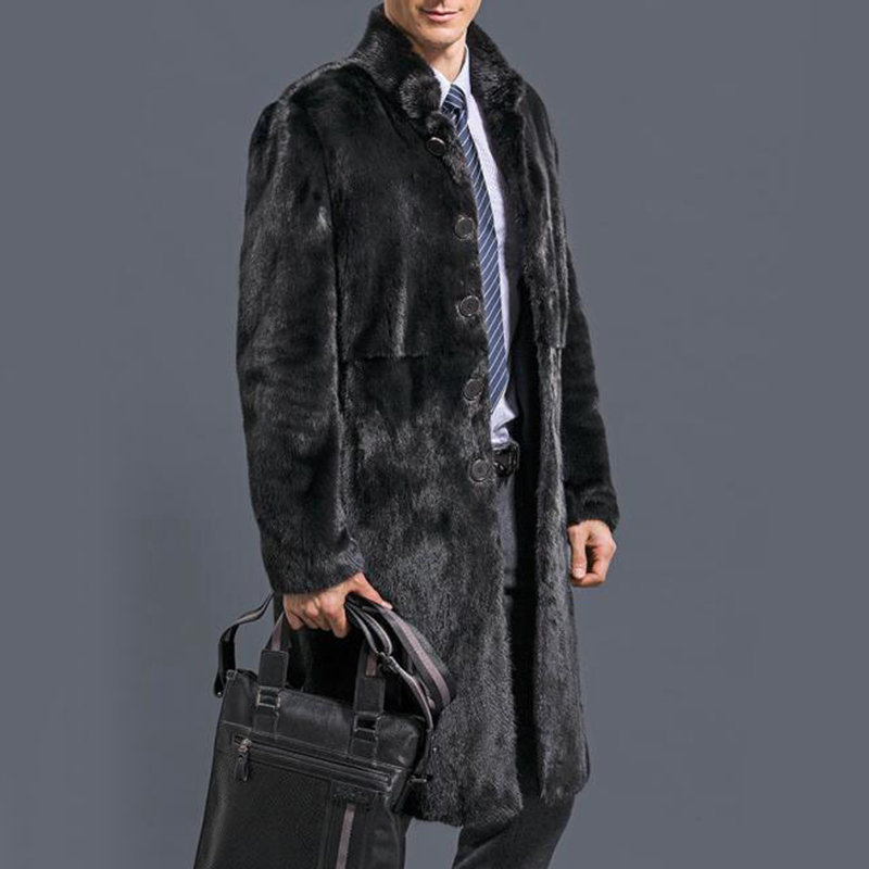 Men Long Trench Marten Velvet Overcoat Black Faux Fur Winter Warm Thicking Coat