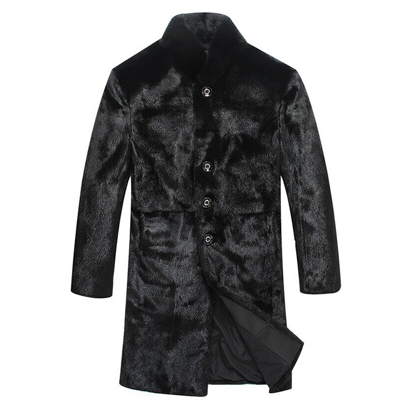 Men Long Trench Marten Velvet Overcoat Black Faux Fur Winter Warm Thicking Coat