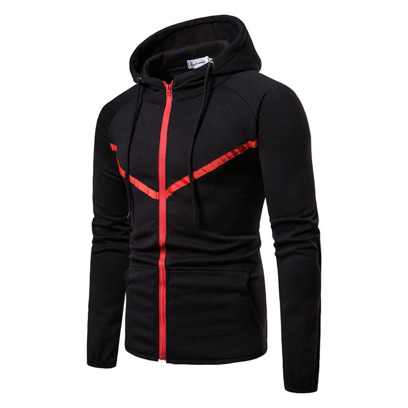 Mens Sport Hit Color Stitching Big Pockets Drawstring Slim Fit Casual Hoodie