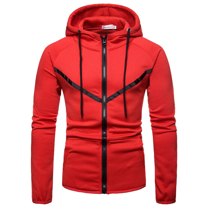 Mens Sport Hit Color Stitching Big Pockets Drawstring Slim Fit Casual Hoodie