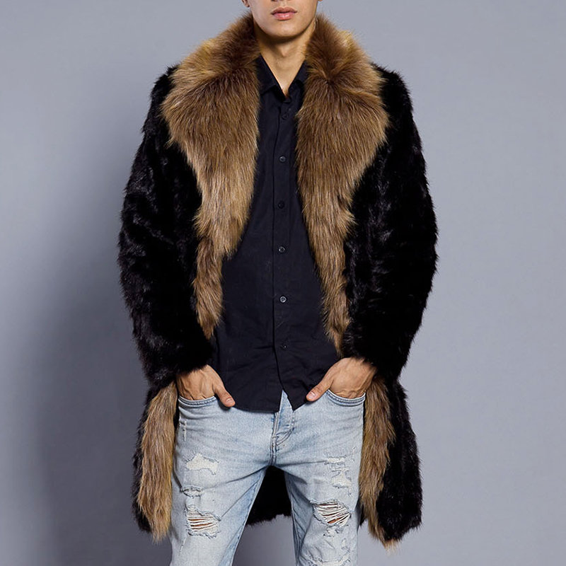 Mens Mid-long Faux Fur Warm Jacket Slim Fit Big Fur Collar Fashion Casual Coat