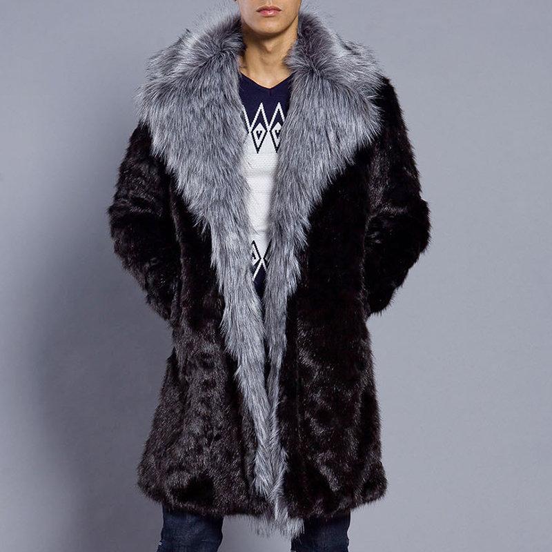 Mens Mid-long Faux Fur Warm Jacket Slim Fit Big Fur Collar Fashion Casual Coat