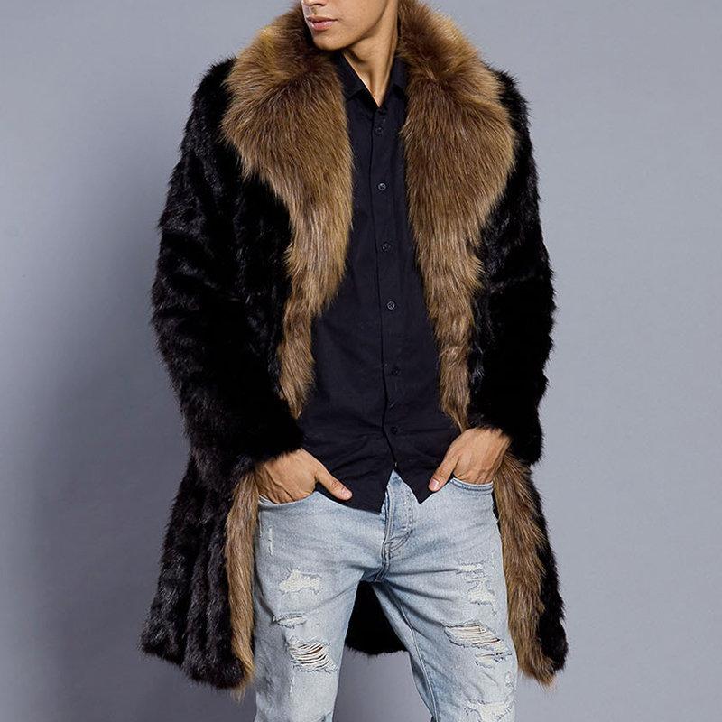 Mens Mid-long Faux Fur Warm Jacket Slim Fit Big Fur Collar Fashion Casual Coat