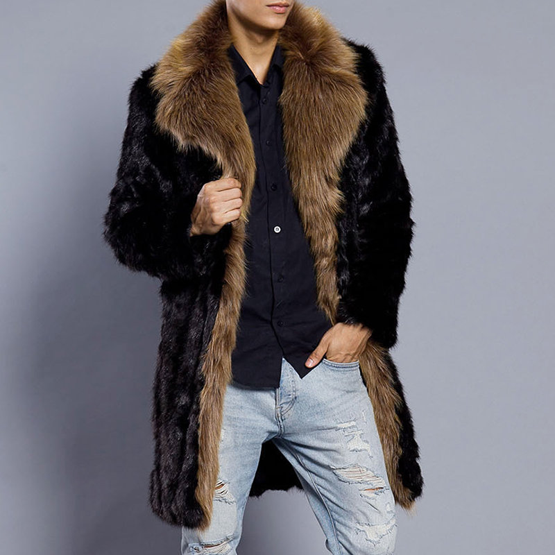 Mens Mid-long Faux Fur Warm Jacket Slim Fit Big Fur Collar Fashion Casual Coat