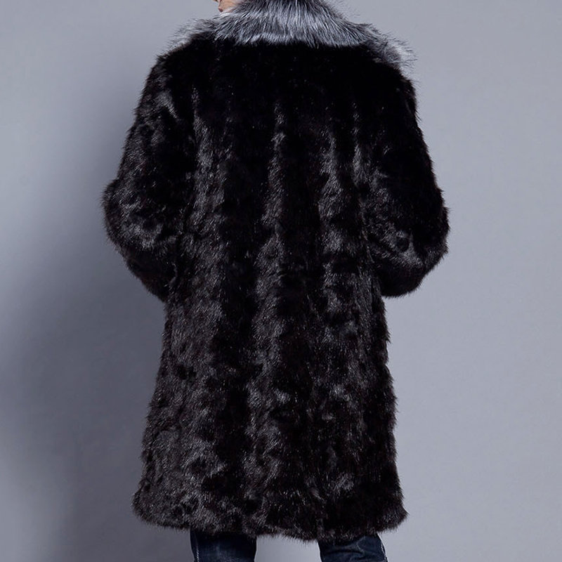 Mens Mid-long Faux Fur Warm Jacket Slim Fit Big Fur Collar Fashion Casual Coat