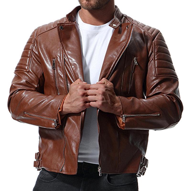 Stylish Biker Button Zipper Pockets Solid Color PU Leather Jackets for Men