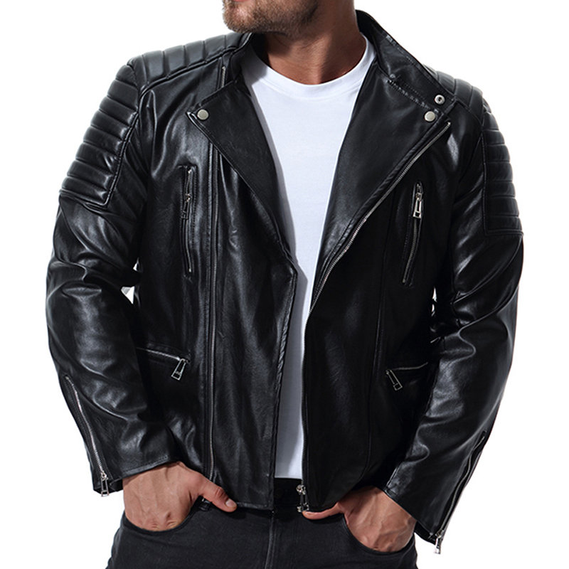 Stylish Biker Button Zipper Pockets Solid Color PU Leather Jackets for Men