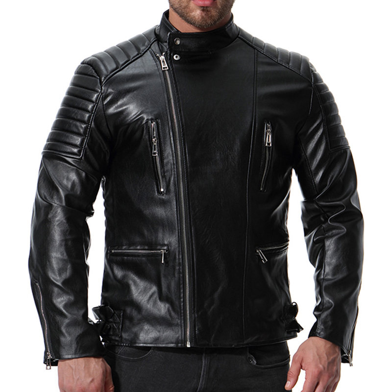 Stylish Biker Button Zipper Pockets Solid Color PU Leather Jackets for Men