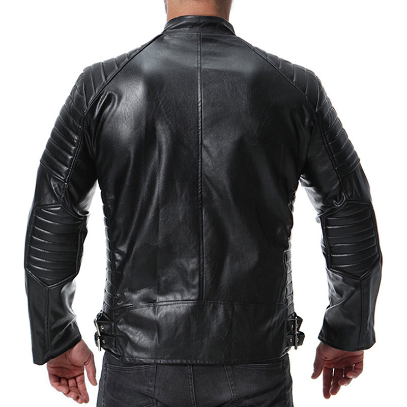 Stylish Biker Button Zipper Pockets Solid Color PU Leather Jackets for Men