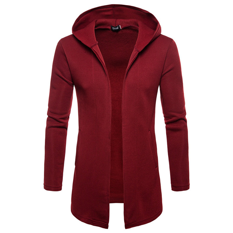 Mens Brief Casual Mid Long Hooded Pure Color Long Sleeve Cardigan Fashion Open Hoodie