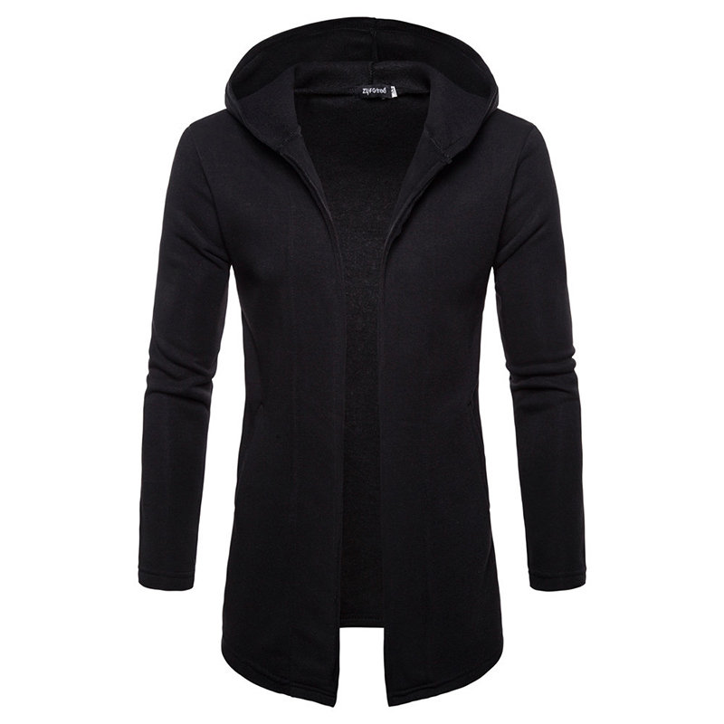 Mens Brief Casual Mid Long Hooded Pure Color Long Sleeve Cardigan Fashion Open Hoodie