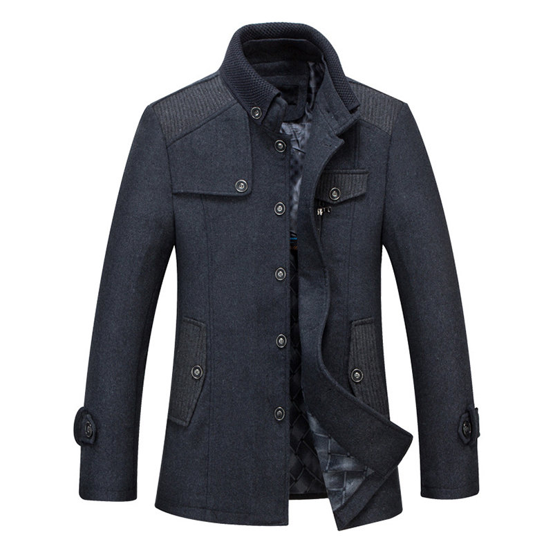 Business Casual Winter Thick Warm Stand Collar Single-breasted Woolen Coat for Men