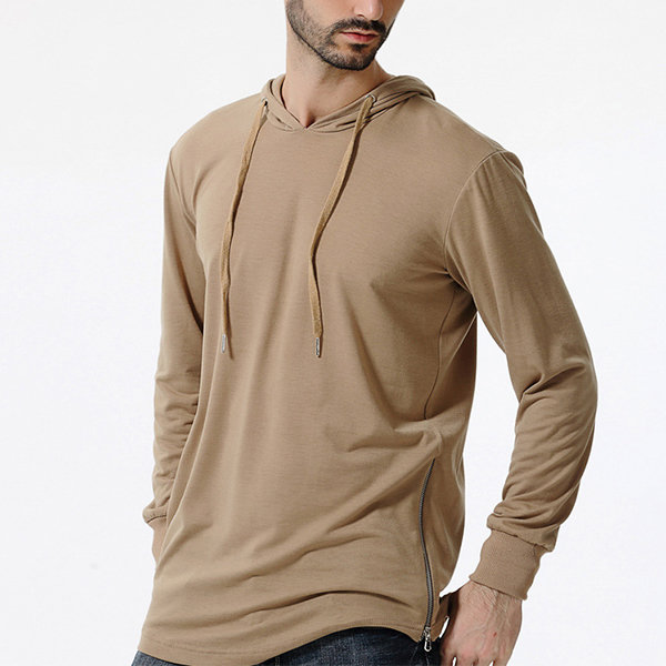 Mens Stylish Zippered Hem Hooded Tops Solid Color Casual Cotton Sport Hoodies