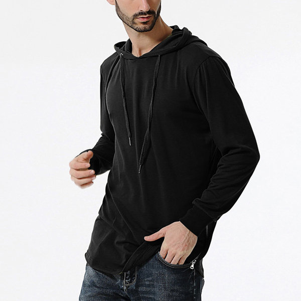 Mens Stylish Zippered Hem Hooded Tops Solid Color Casual Cotton Sport Hoodies