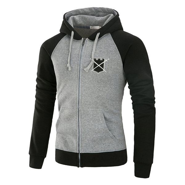 Mens Fall Winter Stitching Color Zip Up Casual Sport Hoodies