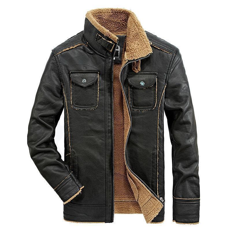 Mens PU Leather Coat Fleece Lining Thickened Warm Multi Pockets Casual Shearling Coat