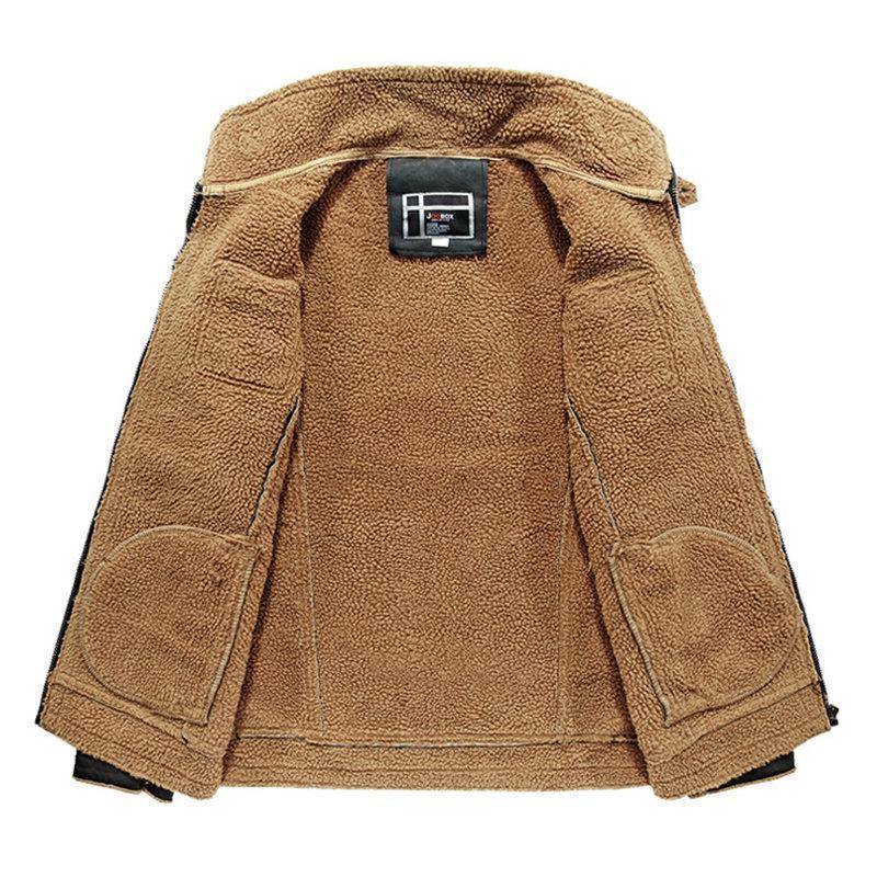 Mens PU Leather Coat Fleece Lining Thickened Warm Multi Pockets Casual Shearling Coat