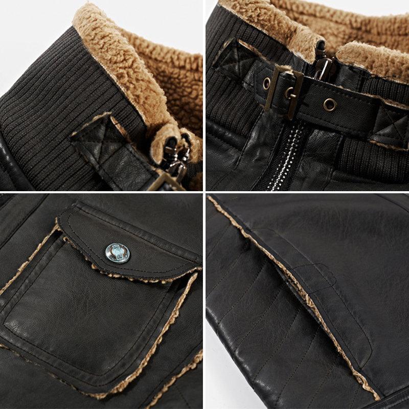 Mens PU Leather Coat Fleece Lining Thickened Warm Multi Pockets Casual Shearling Coat