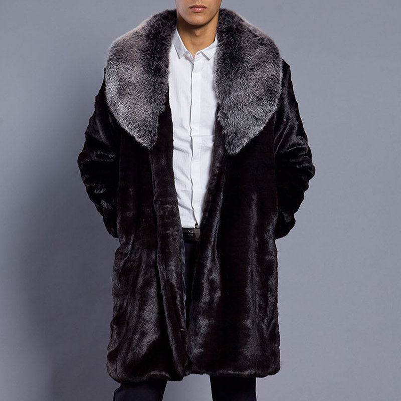 Mens Mid Long Faux Fur Coat Thickened Warm Big Fur Collar Slim Fit Casual Jacket