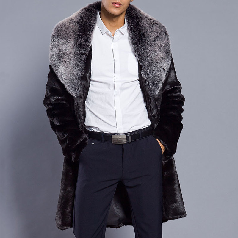 Mens Mid Long Faux Fur Coat Thickened Warm Big Fur Collar Slim Fit Casual Jacket