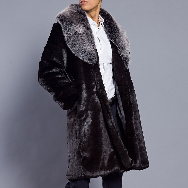 Mens Mid Long Faux Fur Coat Thickened Warm Big Fur Collar Slim Fit Casual Jacket