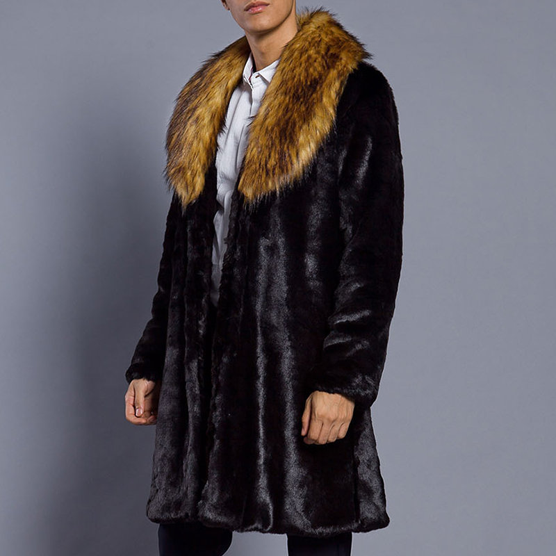 Mens Mid Long Faux Fur Coat Thickened Warm Big Fur Collar Slim Fit Casual Jacket