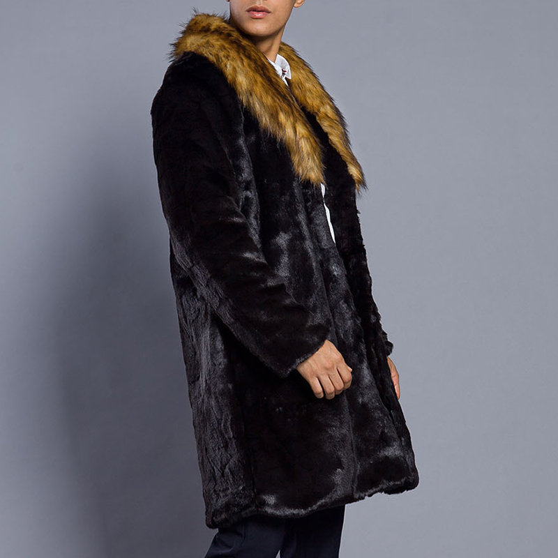 Mens Mid Long Faux Fur Coat Thickened Warm Big Fur Collar Slim Fit Casual Jacket