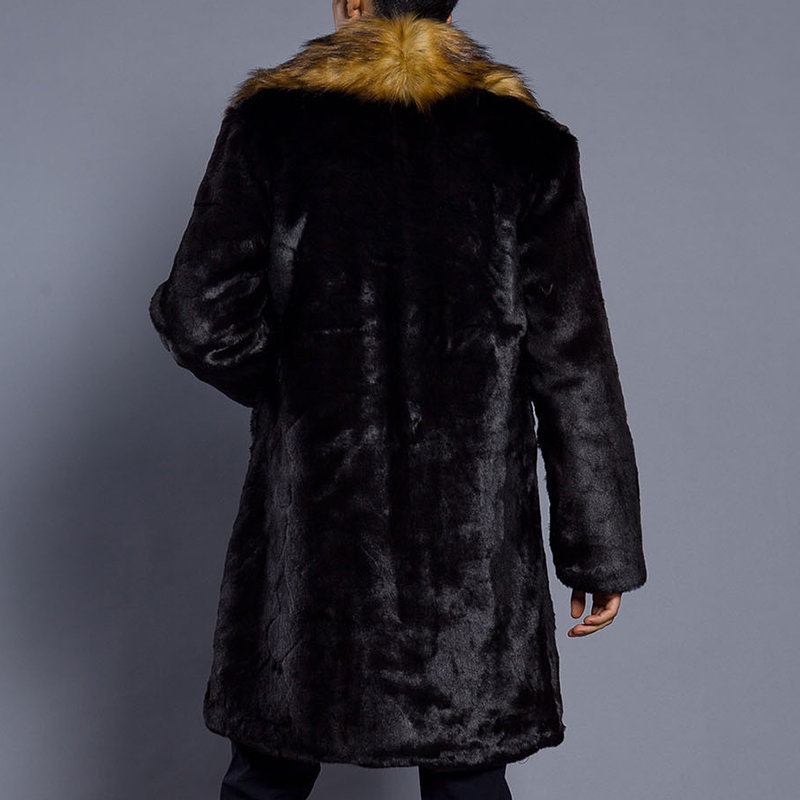 Mens Mid Long Faux Fur Coat Thickened Warm Big Fur Collar Slim Fit Casual Jacket