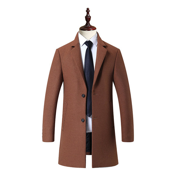 Mens Thicken Cotton Lining Trundown Collar Jacket Business Casual Wool Trench Coat