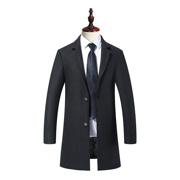 Mens Thicken Cotton Lining Trundown Collar Jacket Business Casual Wool Trench Coat