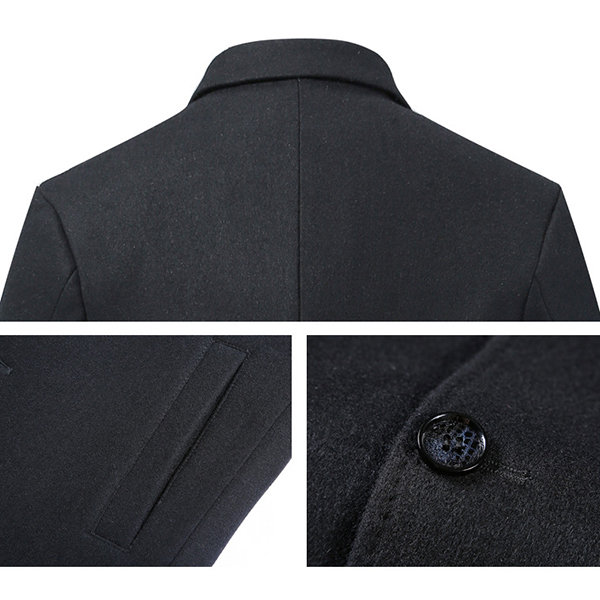 Mens Thicken Cotton Lining Trundown Collar Jacket Business Casual Wool Trench Coat