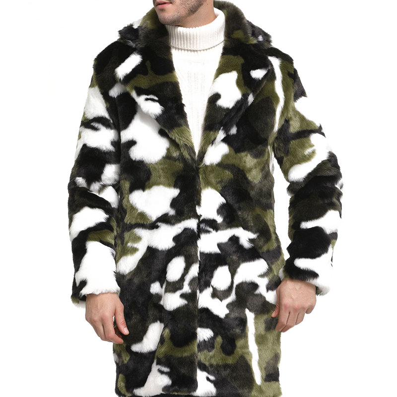 Mens Camo Jacquard Faux Fur Coat Mid-Length Thick Warm Single-breasted Casual Jacket