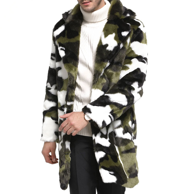 Mens Camo Jacquard Faux Fur Coat Mid-Length Thick Warm Single-breasted Casual Jacket