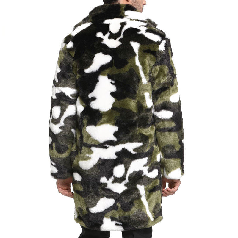 Mens Camo Jacquard Faux Fur Coat Mid-Length Thick Warm Single-breasted Casual Jacket