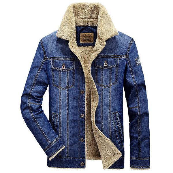 Plus Size Fleece Jacket Multi Pockets Single Breasted Inside Fleece Denim Jacket for Men