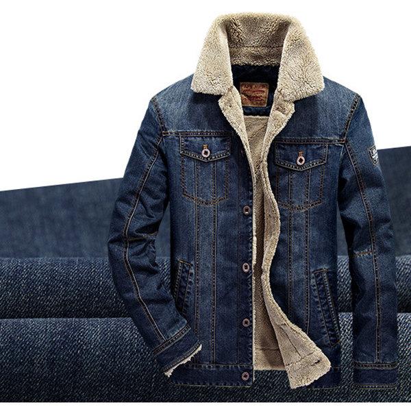 Plus Size Fleece Jacket Multi Pockets Single Breasted Inside Fleece Denim Jacket for Men