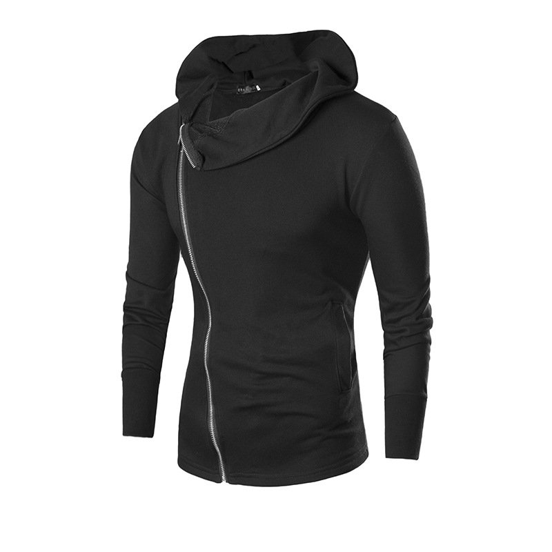 Mens Hooded Bat Style Diagonal Zipper Long Sleeve Black Casual Sweatshirt