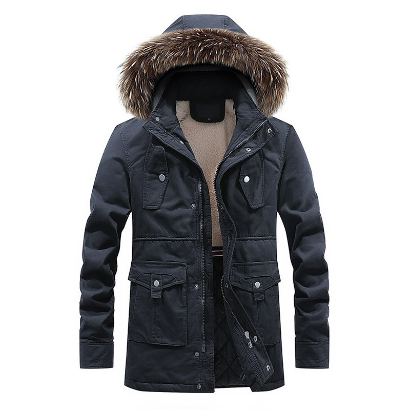 Mens Thicken Detachable Hooded Multi Pockets Zipper Up Jacket